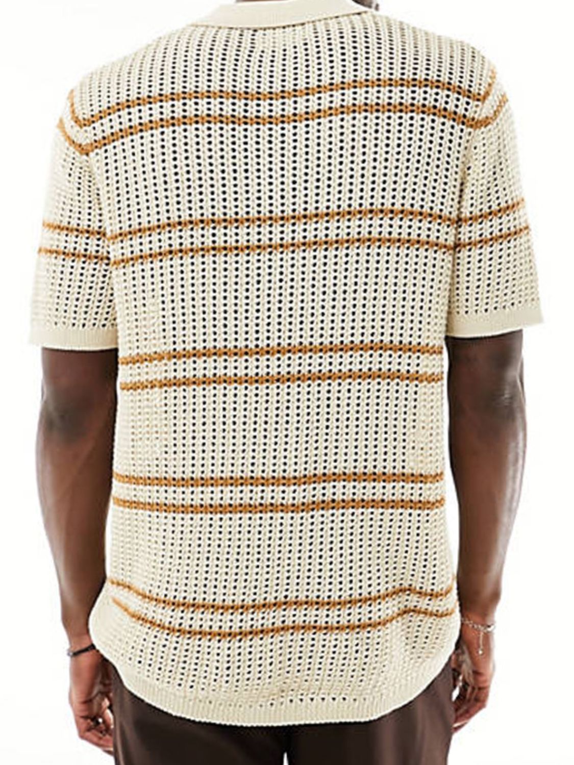 Men's Striped Collared Neck Hollow Out Shirt SETEPENRA .