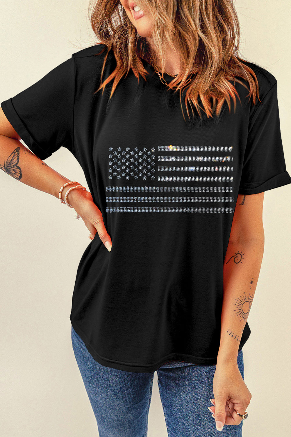 Rhinestone US Flag Round Neck Short Sleeve T-Shirt SETEPENRA .