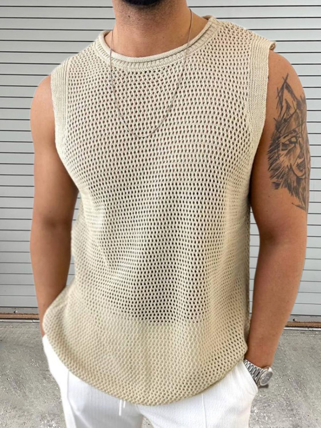 Men's Openwork Round Neck Sleeveless Knit Top SETEPENRA .