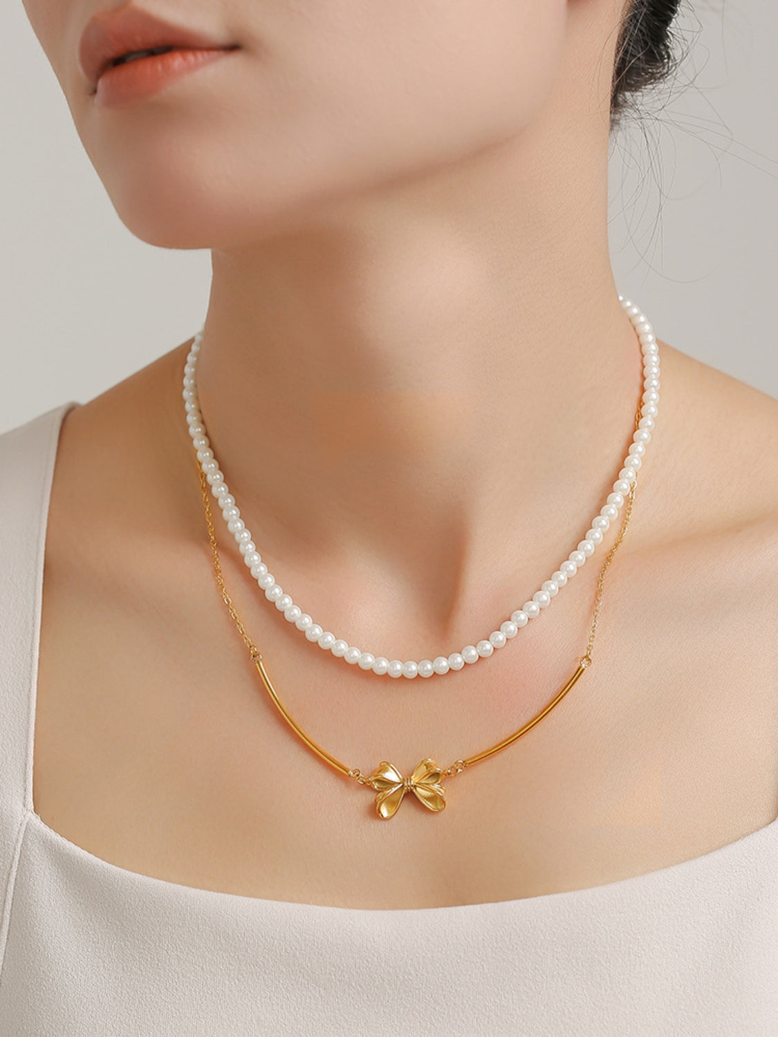 3 Piece Pearl Necklace, Bow Necklace and Stud Earrings Jewelry Set SETEPENRA .