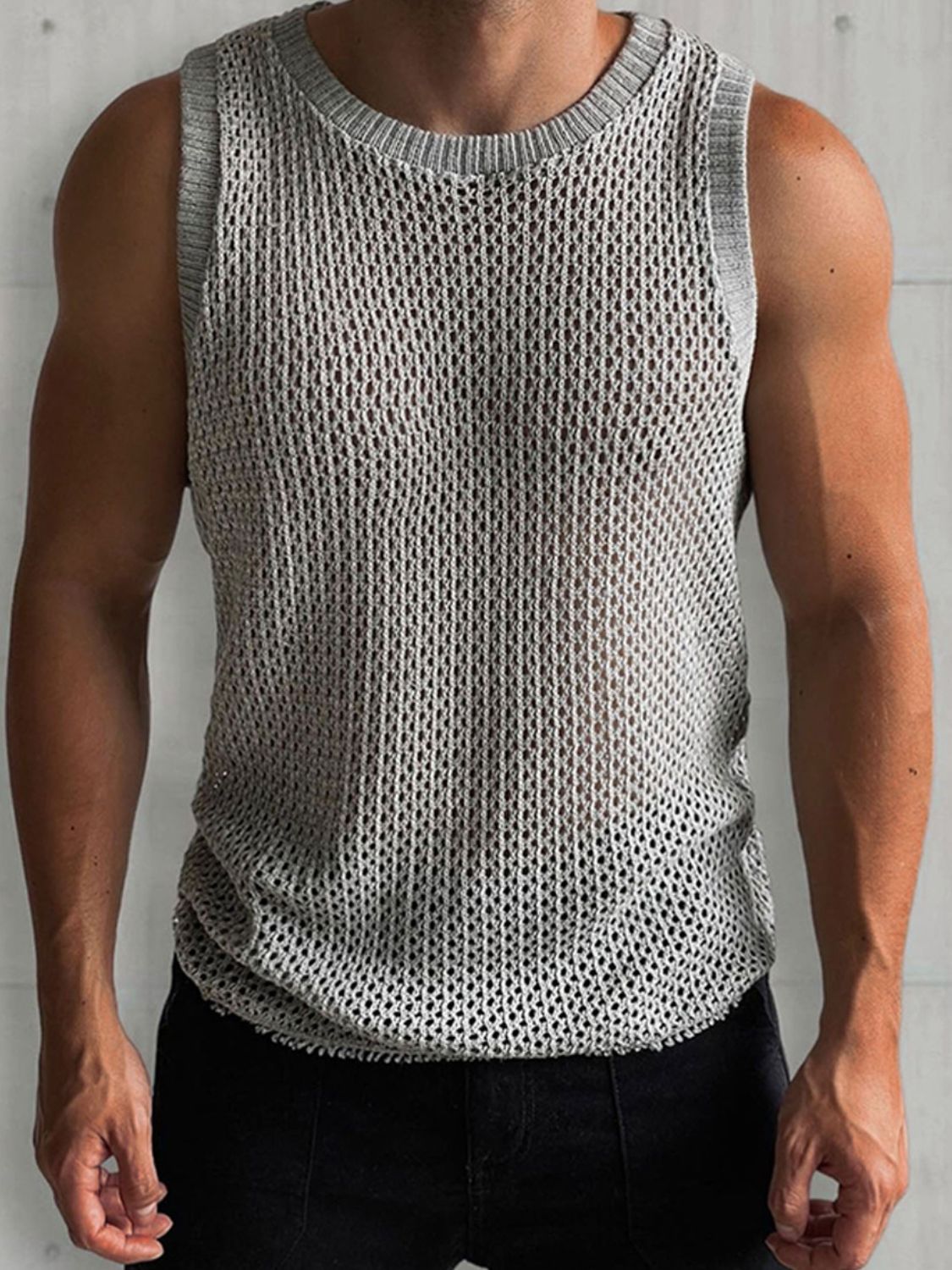 Men's Round Neck Hollow Out Sleeveless Knit Top SETEPENRA .