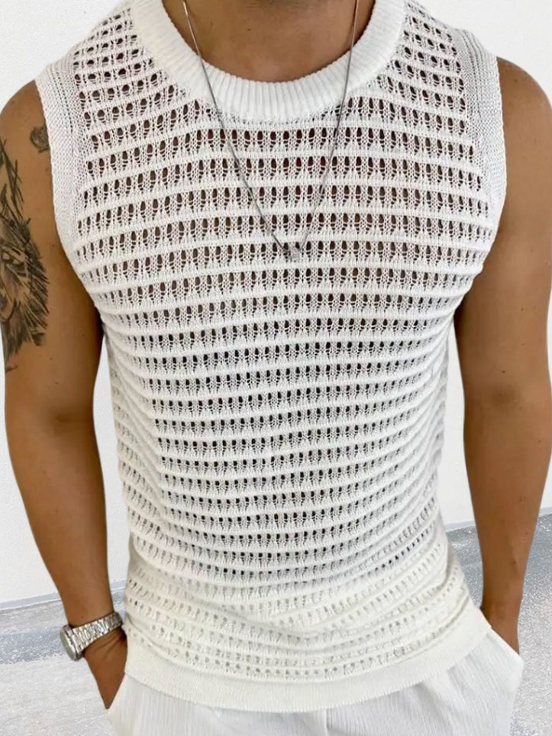 Men's Round Neck Hollow Out Sleeveless Knit Top SETEPENRA .