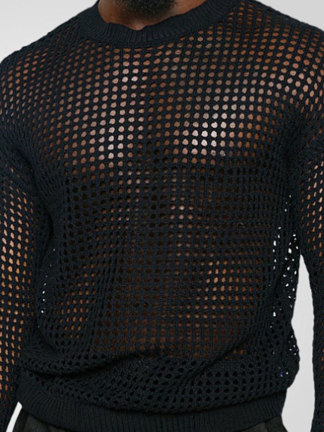 Men's Full Size Hollow Out Round Neck Long Sleeve Top Plus Size SETEPENRA .