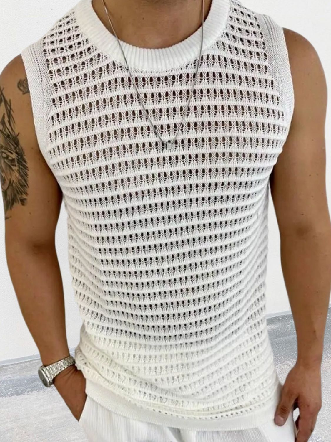 Men's Round Neck Hollow Out Sleeveless Knit Top SETEPENRA .