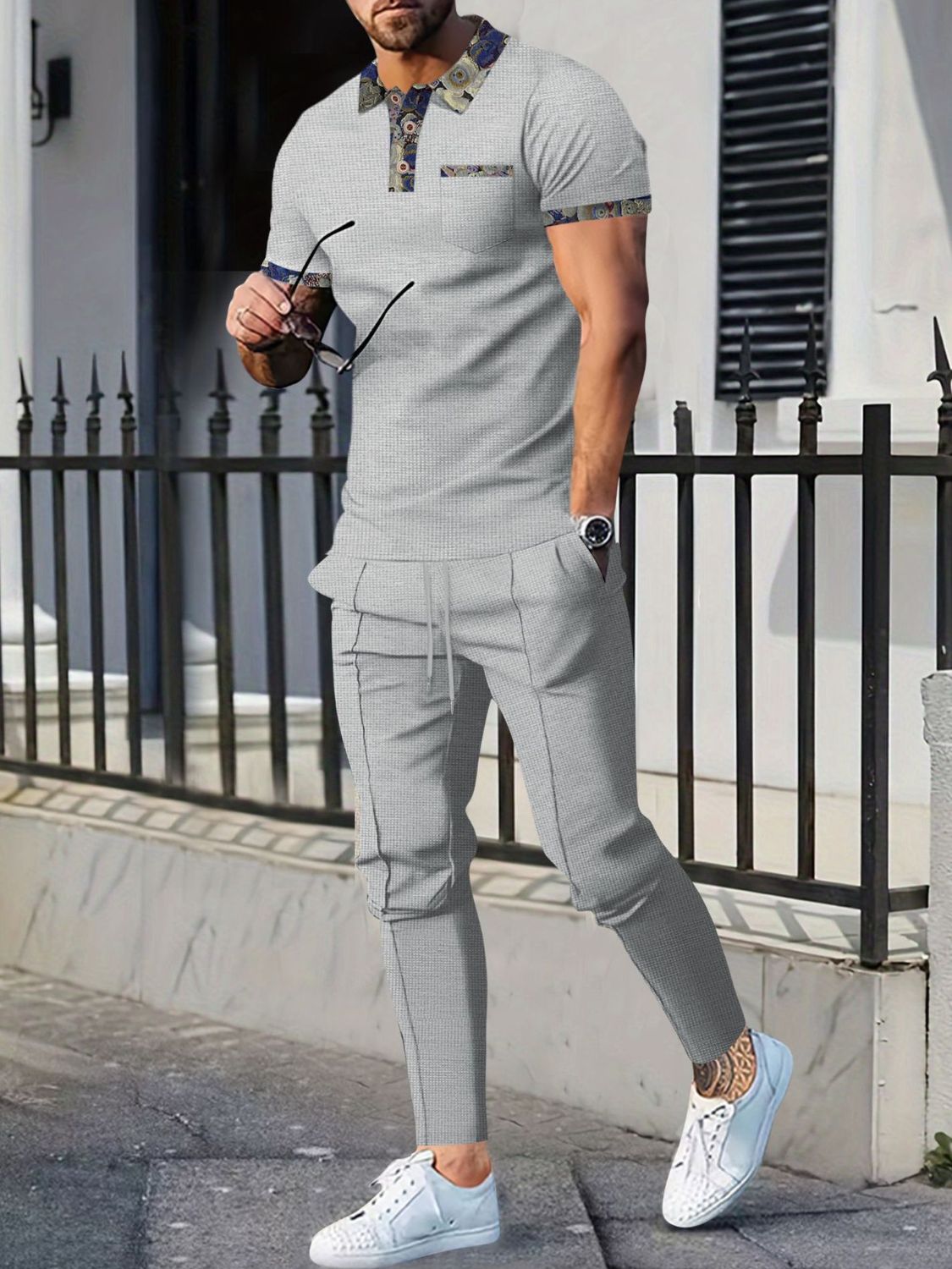 Men's Full Size Waffle Knit Short Sleeve Polo and Pants Set Plus Size SETEPENRA .